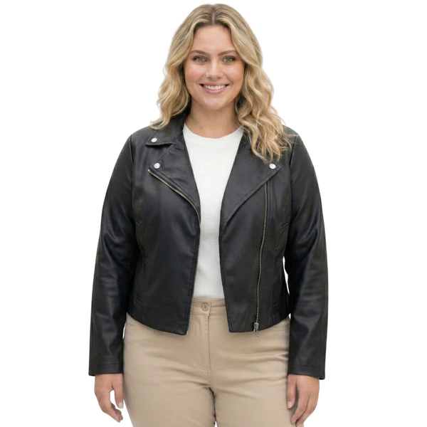 Jaqueta Feminina Plus Size Biker Couro Sintético Ziper Transversal G1 G2 G3 Casaco