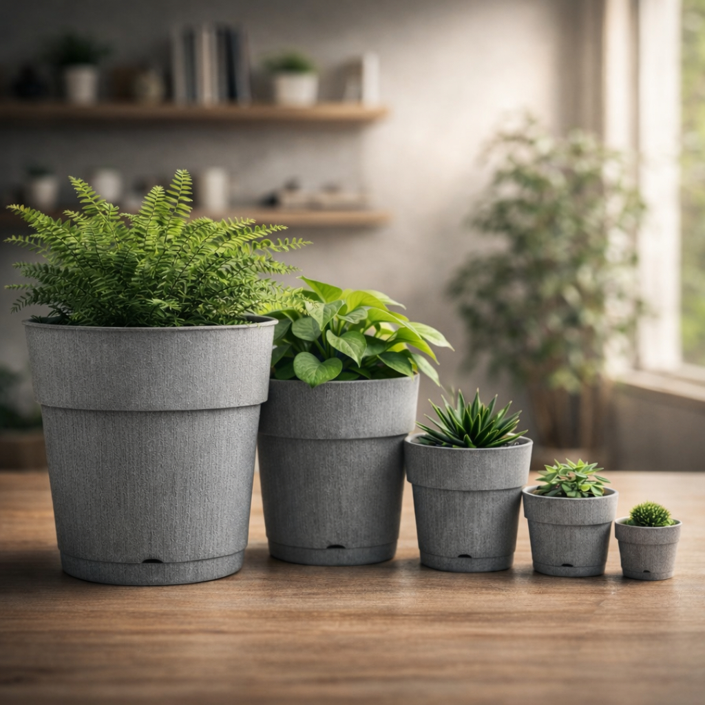 Conjunto 5 Vasos De Plantas Decorativos com Drenagem Prato 13,5 L 7,8 L 3,8 L Sala Varanda Jardim