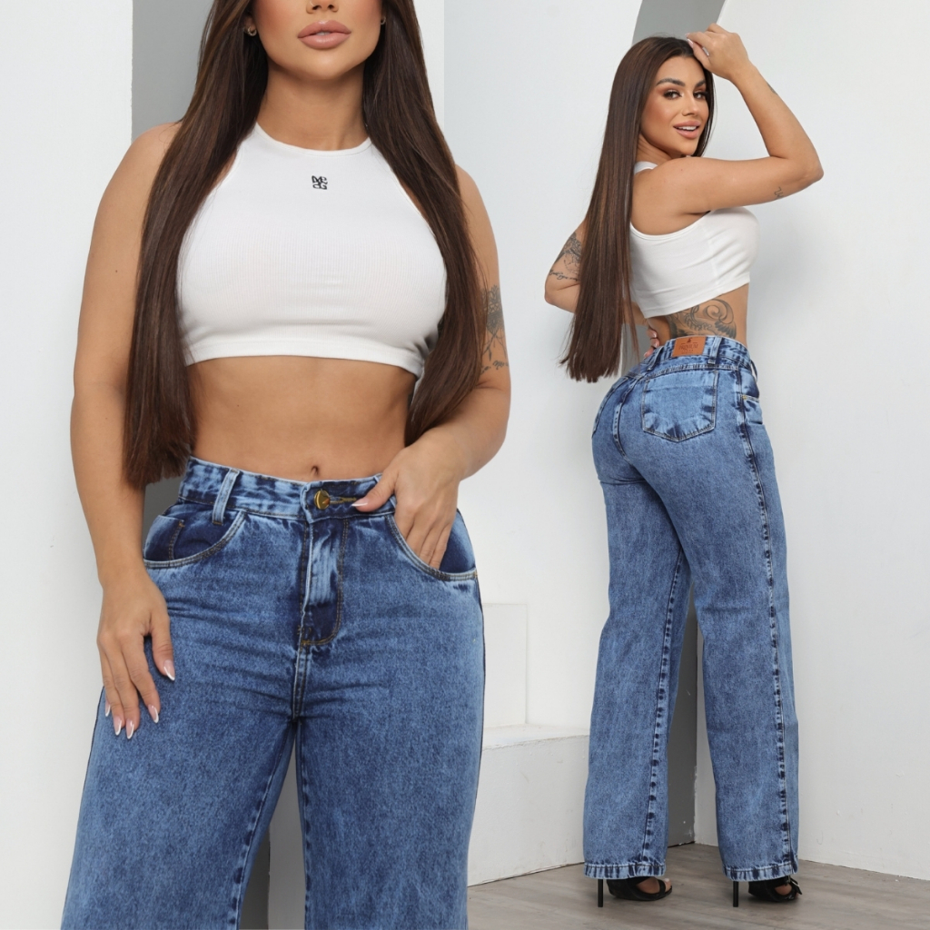 Calça Jeans feminina Wide Leg Marmorizada Pantalona Cós Alto