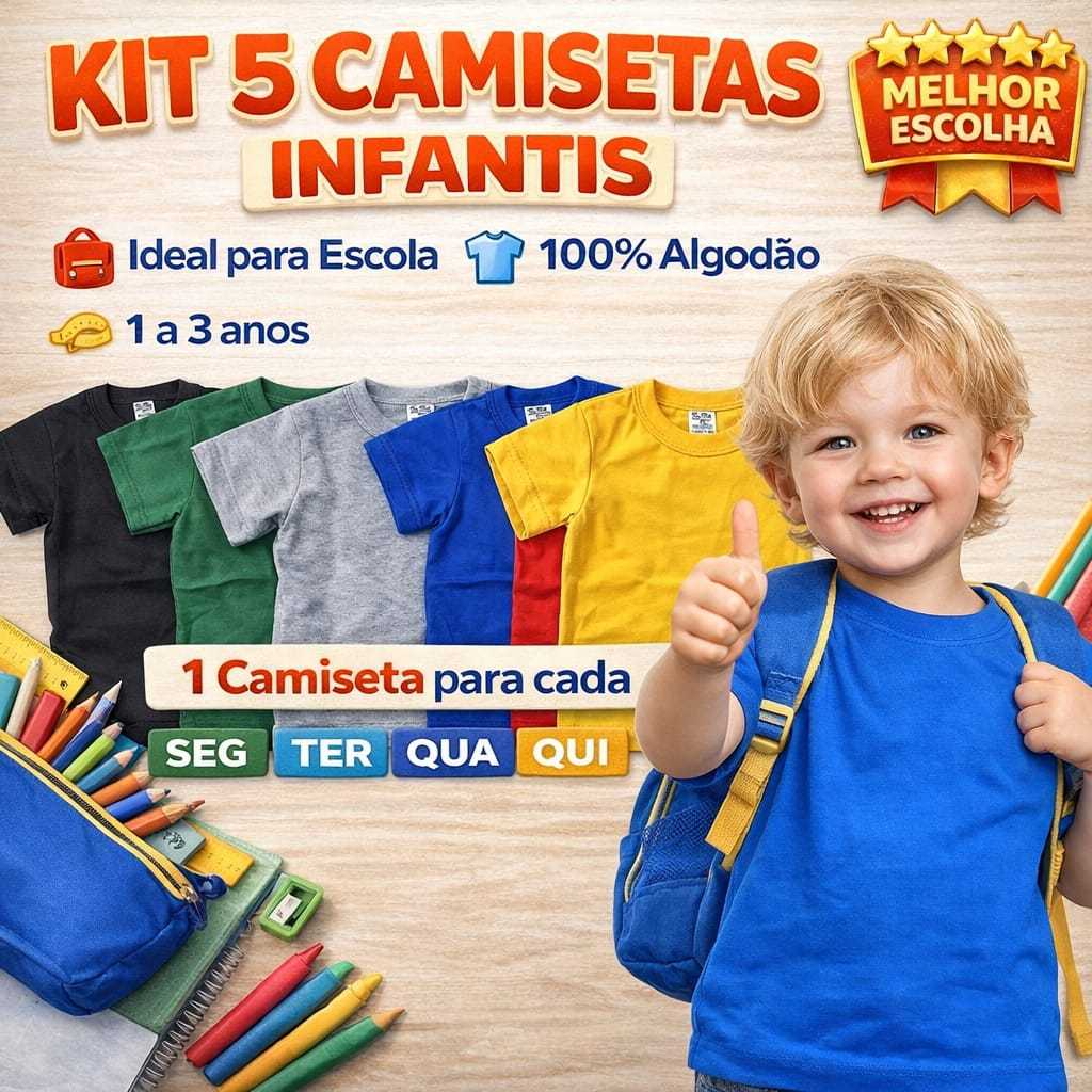 Kit 5 Camisetas Infantis Básicas Algodão 1 a 3 Anos Menino Menina Para Escola