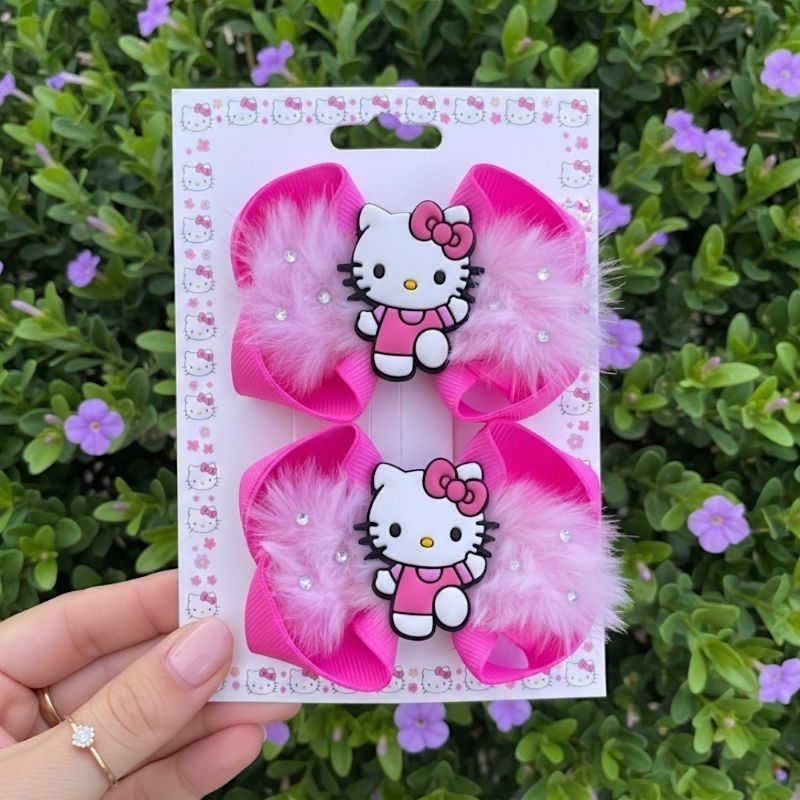 Par de Laços Infantil Hello Kitty Dois Tons de Rosa com Strass Presilhas Bebê e Menina