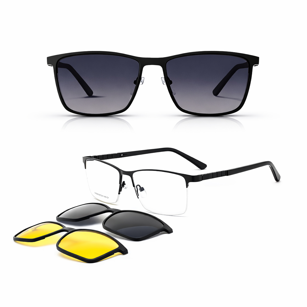 Óculos de Grau Unissex Clip On 3 Lentes Removíveis Sol Escura+Amarela Moda Para Dirigir Dia/Noite