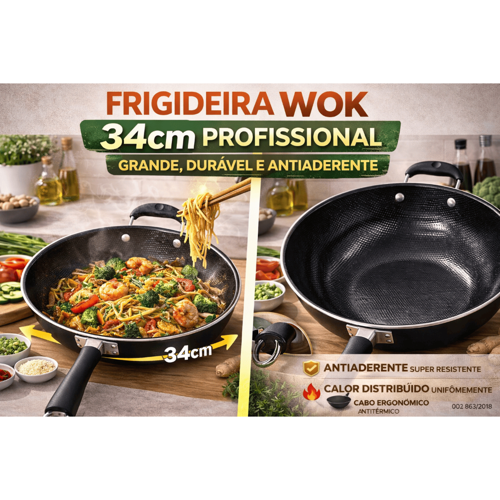 Imagem Frigideira Wok 34cm Antiaderente Profissional Preta Panela Wok Grande Para Yakisoba Saltear Refogar