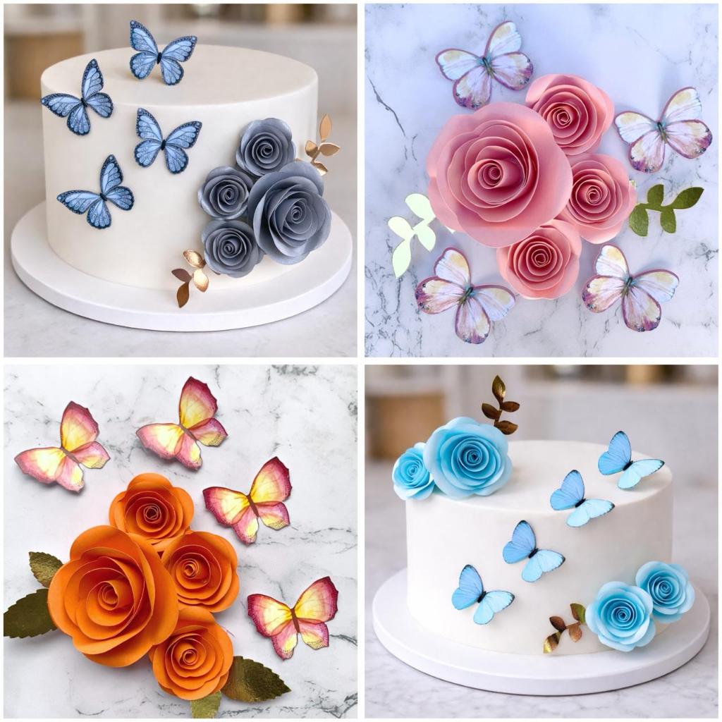 PACOTE COM 4 ROSETA COM BORBOLETA, FLOR DE PAPEL,TOPODE BOLO, DECORAÇÃO