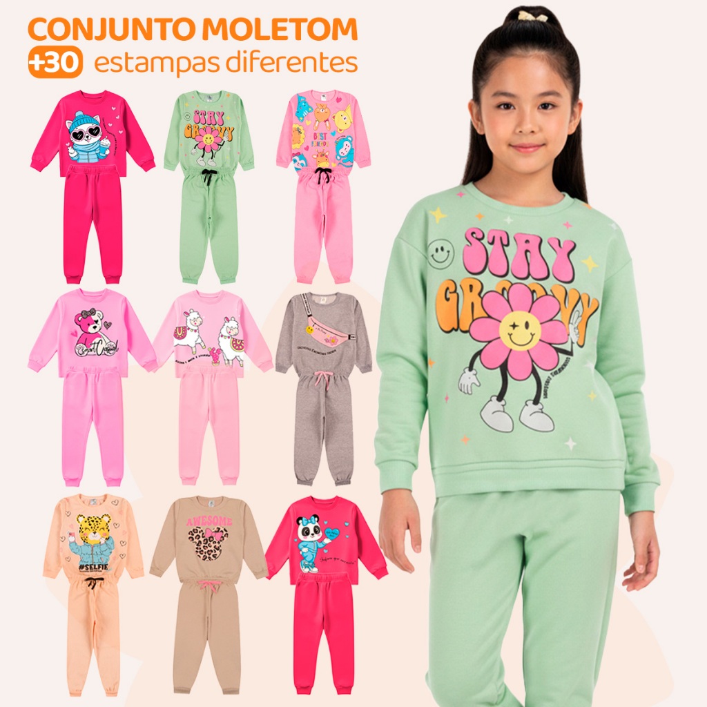 Kit Sortido 6 Peças de Roupas Feminino Infantil Inverno – 3 blusas casacos + 3 calças de 1 ao 10 Menina bebe