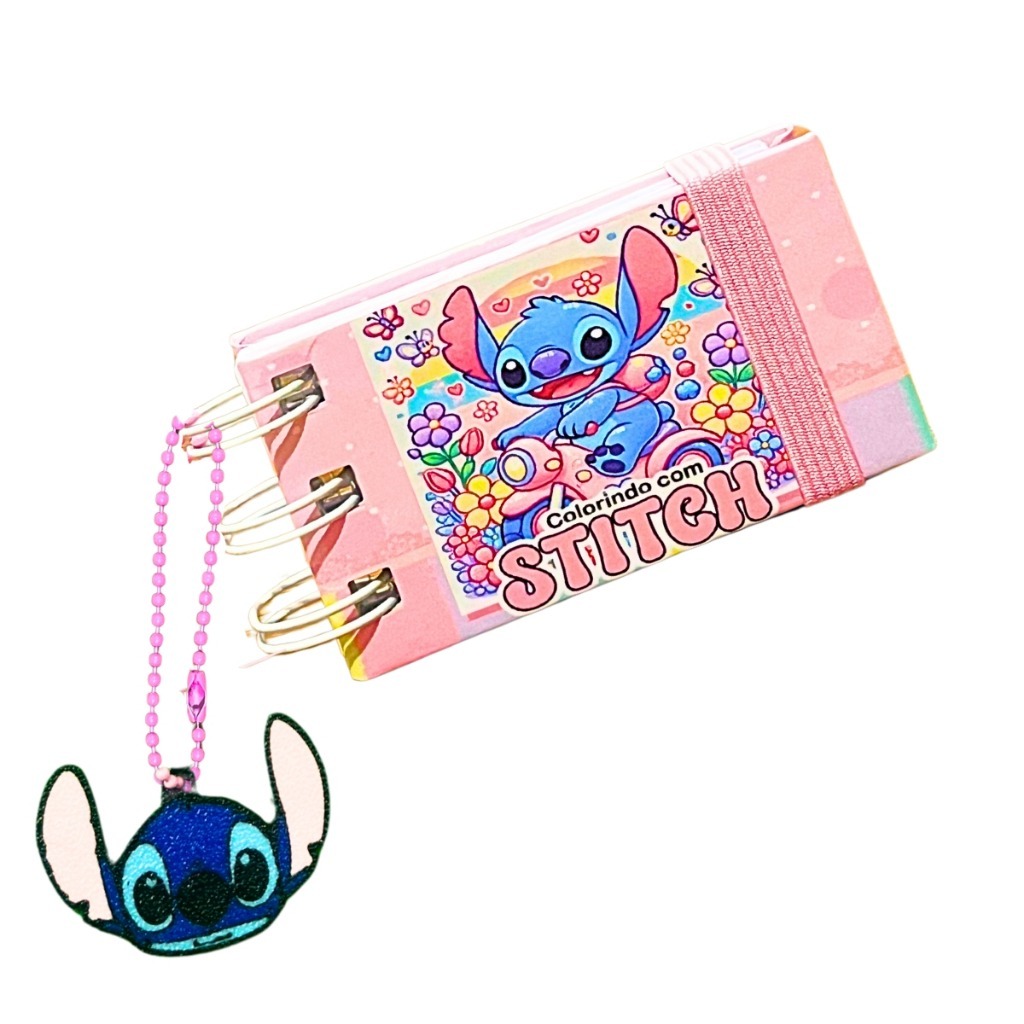 Mini Livro De Colorir Stitch Rosa Caderno de Pintar Chaveiro Capa Dura Desenho Pintura