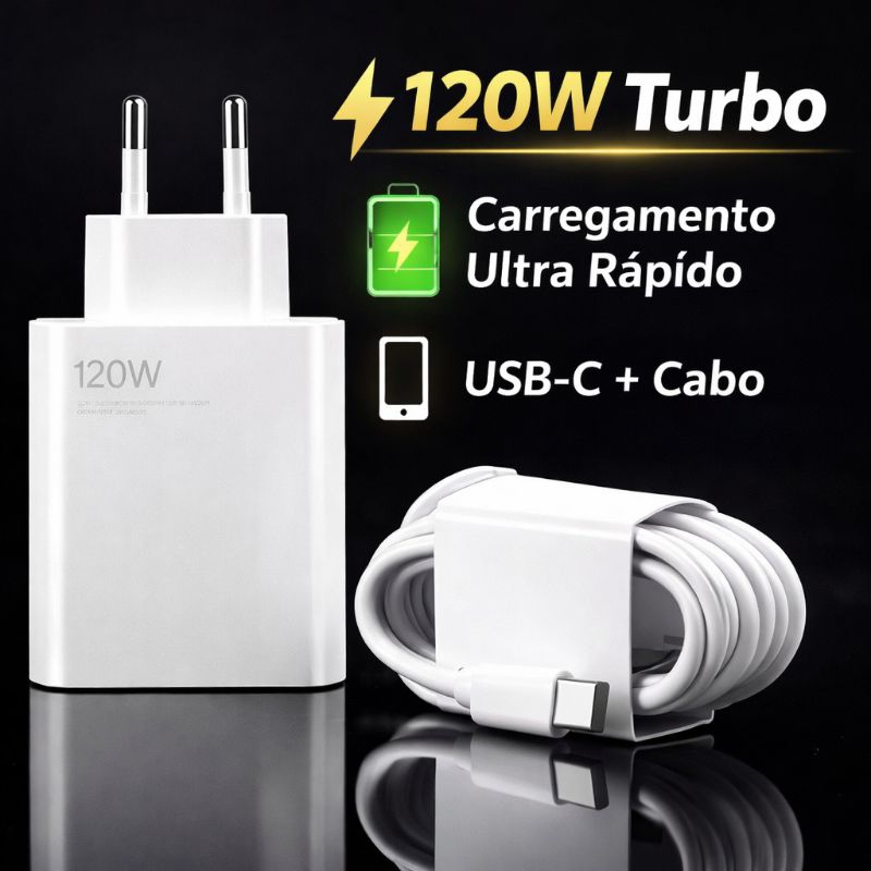 Carregador Turbo 120W USB-C com Cabo | Carregamento Rápido para Android e iPhone