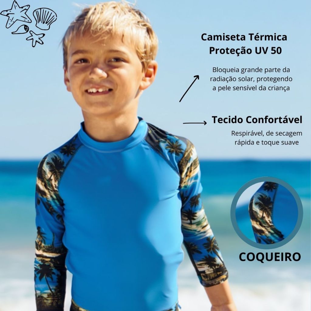 Camiseta Térmica com Proteção UV50 Praia Piscina Natação Ar livre Respirável Menino Secagem Rápida