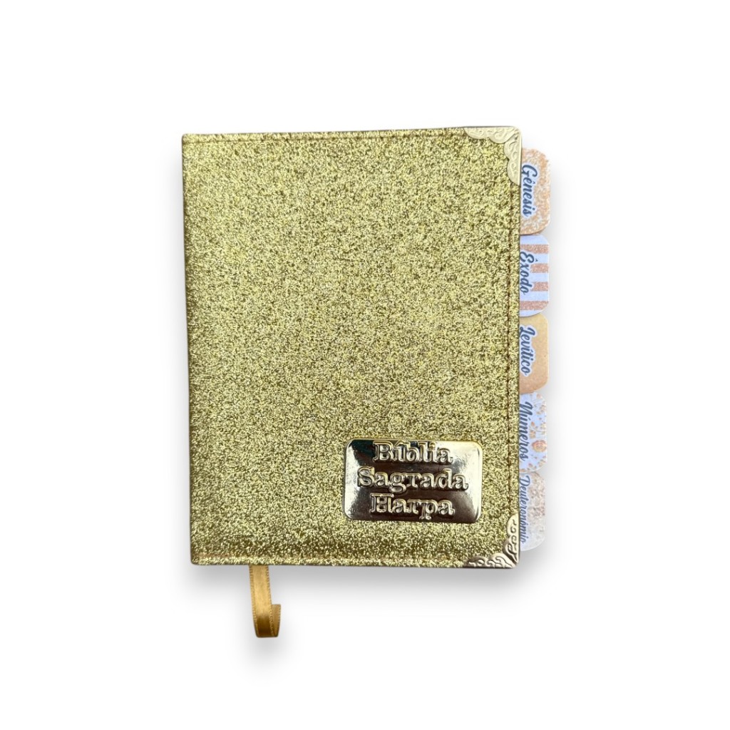Bíblia Sagrada Pequena ARC Full Color Capa Dura Glitter Dourada com Harpa Cristã e Corinhos com Abas Bíblia Evangélica P