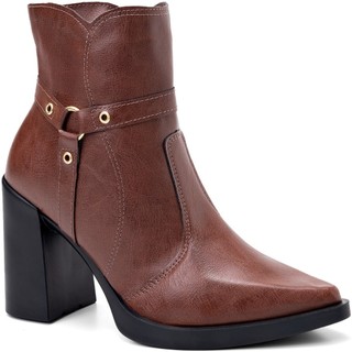 Bota Feminina Lumiss Cano Curto Salto Alto Bloco Bico Fino Passante Rebite