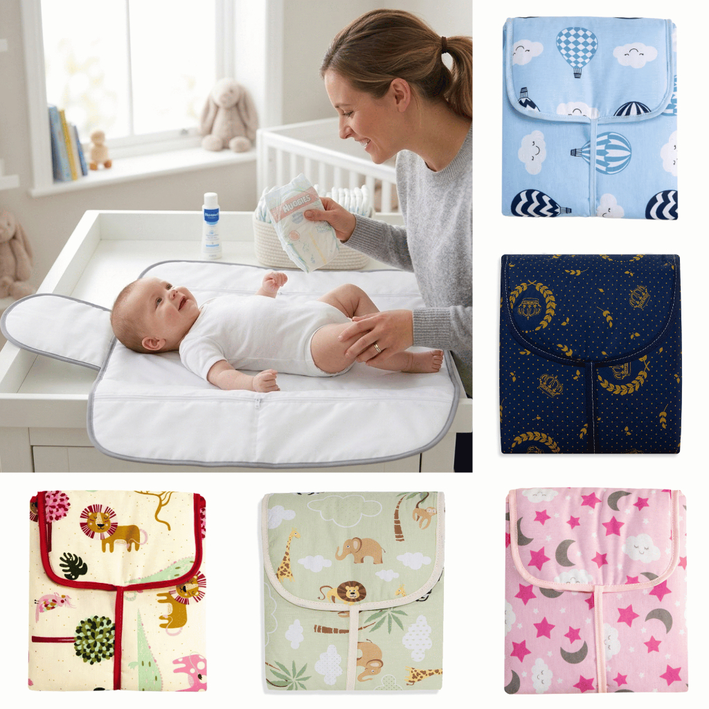 Trocador de Fralda 100% Algodão Portátil Dobrável Impermeável com Bolsos zíper Acolchoado Estampado
