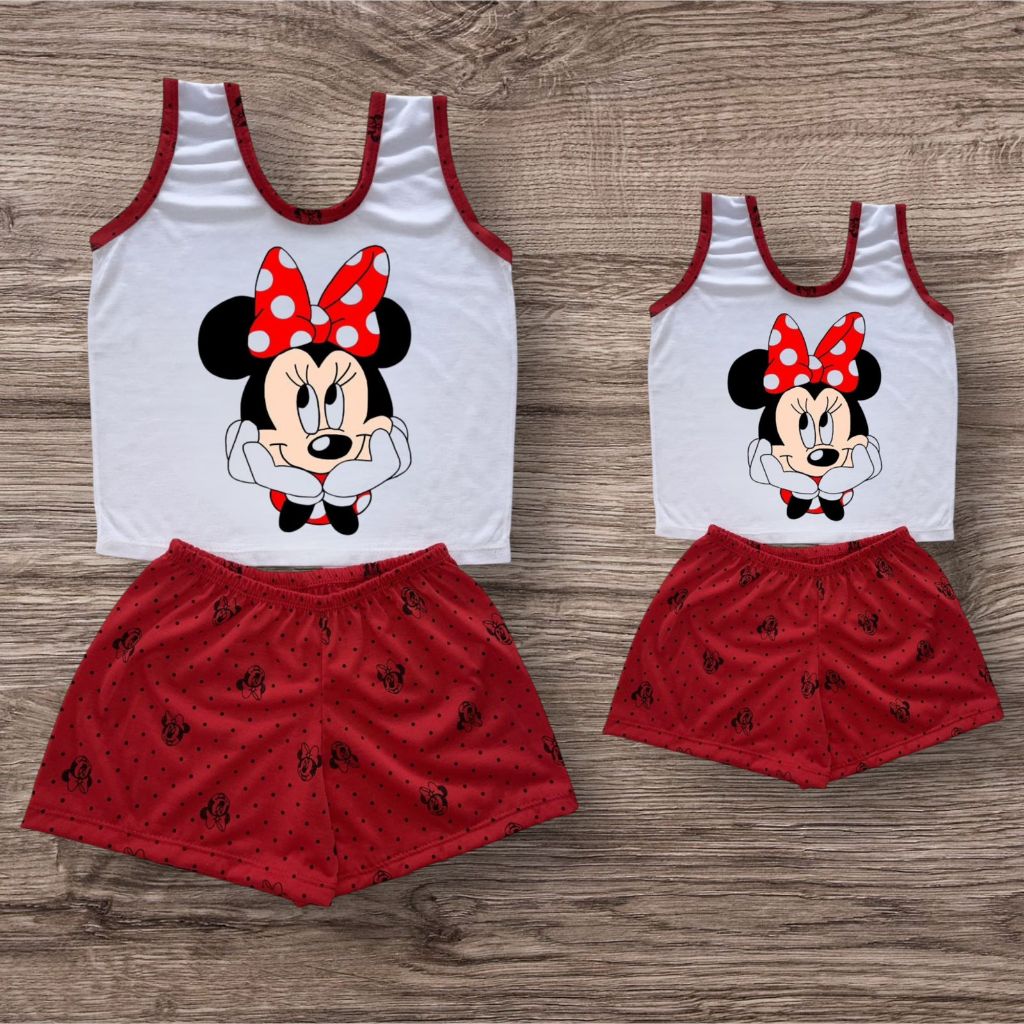 Kit 1 Pijama Mãe + 1 Pijama Filha Regata da Minnie Short Dool Adulto Infantil Tal Mae Tal Filha Baby Dool
