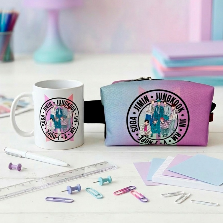Kit BTS - Necessarie Box + Caneca Branca 325ml Cerâmica Estojo Grande Estudo K-Pop Caneca Café ARMY