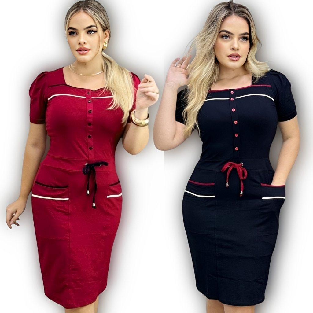 Vestido Midi Justo Evangelico Tubinho Gola Quadrada com Cordão Elegante Fashion Lindo Maravilhoso em Oferta na Shopee
