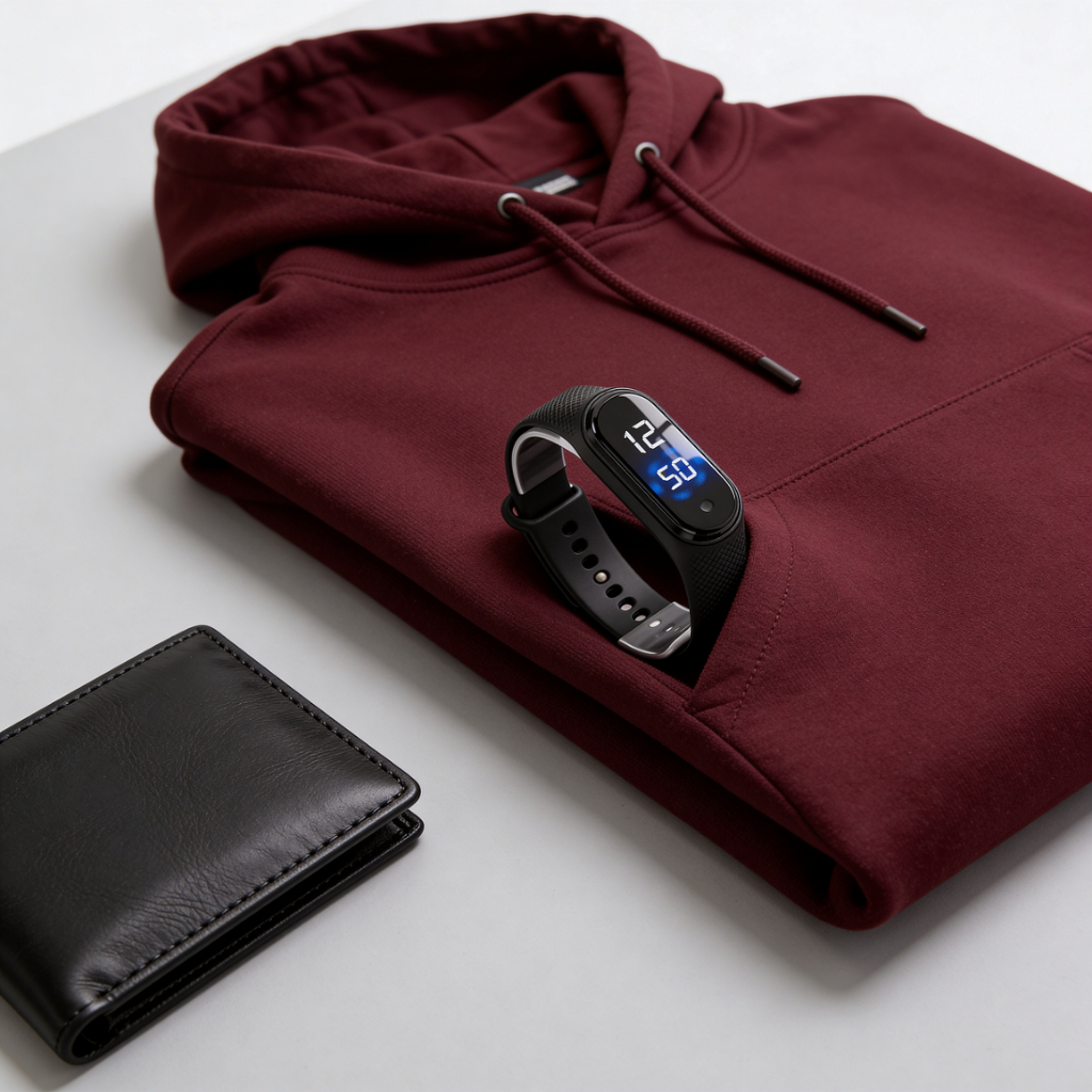 Moletom Bordô com Capuz + Smartband + Carteira Preta Kit Masculino  Presente Casual Promoção