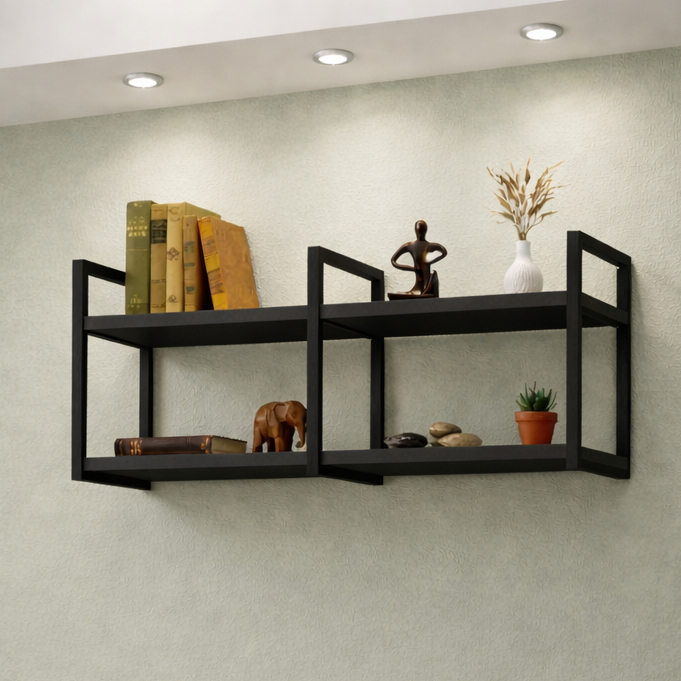 Prateleira Nicho Industrial Suspensa 100cm Base de Ferro Tampo de Madeira Decorativa de Parede