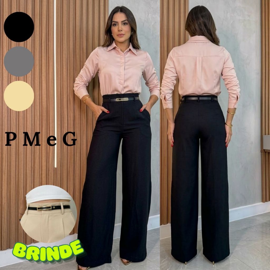 Calça Pantalona Alfaiataria Feminina Cintura Alta Wide Leg Elegante Social