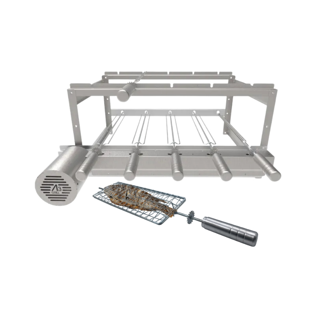 Churrasqueira Grill Giratório Tradicional Inox para 5 Espetos + Grelha De Peixe Frango e Coraçãozinho