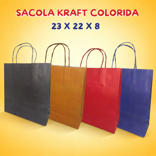 Sacola Kraft Colorida 23x22x8 cm com Alça | Pacote com 50 Unidades | Sacola para Presente, Loja e Lembrancinhas em Oferta na Shopee