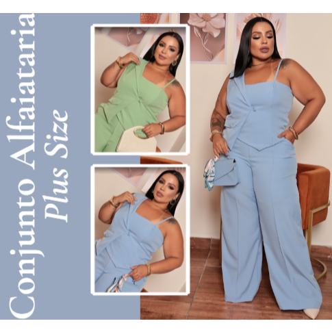 Conjunto Feminino Alfaiataria premium Plus Size Colete e Calça Social Cintura Alta com Zíper Lateral Elegante moda curve