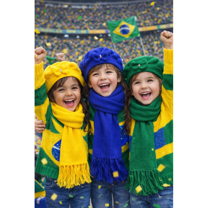 kit infantil boina + cachecol de lã antialérgico do Brasil verde, amarelo e azul