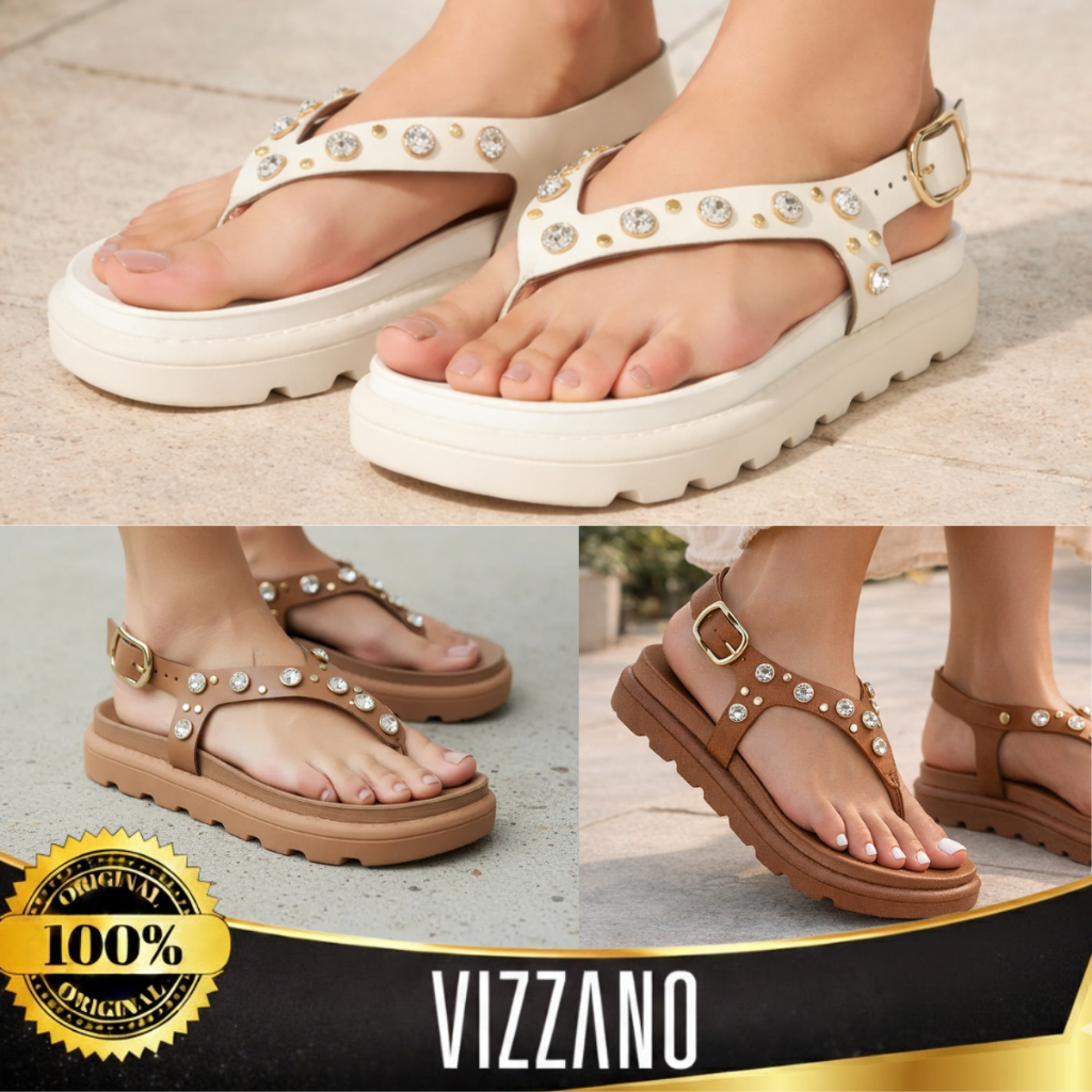 Sandália Vizzano Feminina Papete Rasteira Dedo Tratorada Flatform Pedraria Tachas Casual Detalhes Original