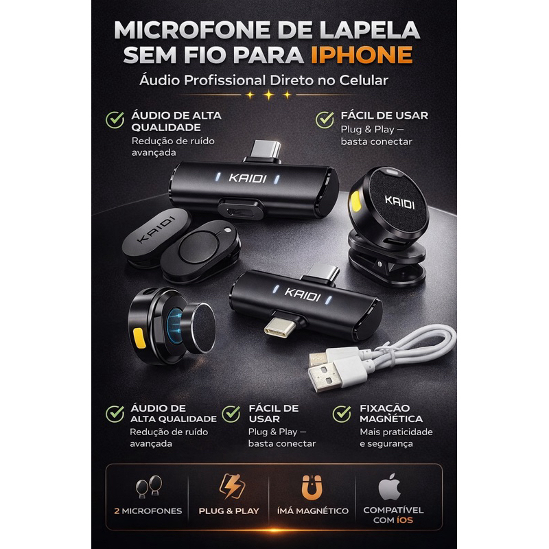 Microfone Lapela Sem Fio Duplo Kaidi KMF4A / KMF4-C Profissional Gravação Celular Iphone Android Tipo C Modelo Redondo