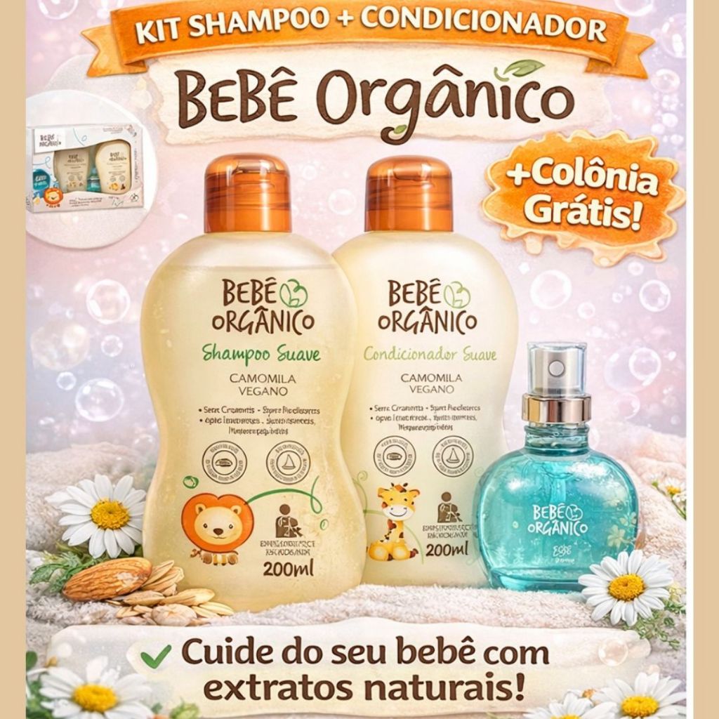 Kit Shampoo + Condicionador + Colônia Vegano Bebê Orgânico | Hipoalergênico e Natural