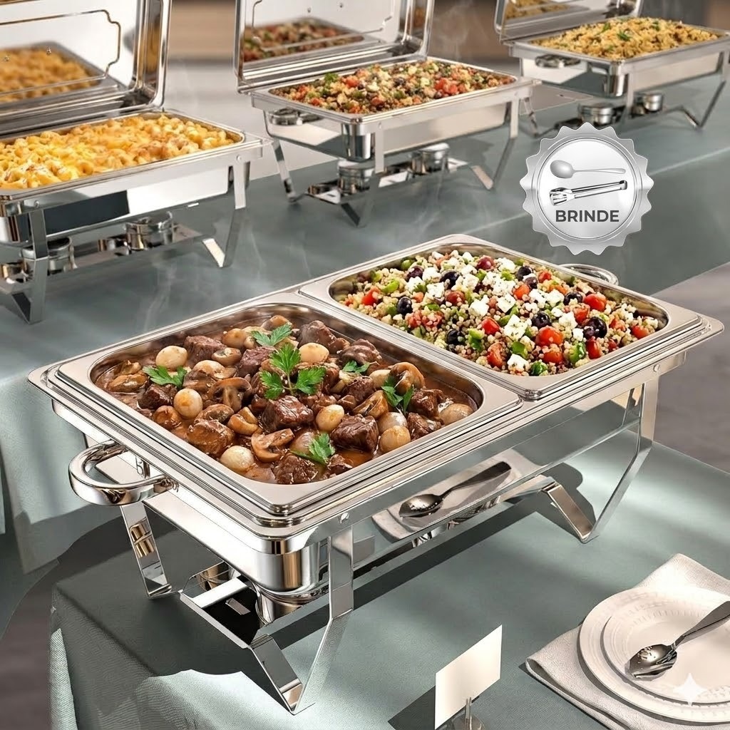 Rechaud Profissional Inox 12L—Aquecimento por Álcool Pés Dobráveis com 1/2/3 Divisórias para Eventos Festas Buffet