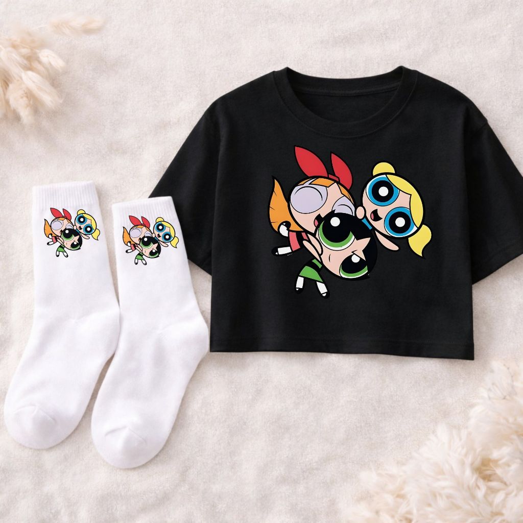 Kit Cropped Feminino Moda Fitness Academia Estampado + Par de Meia Meninas Super Poderosas