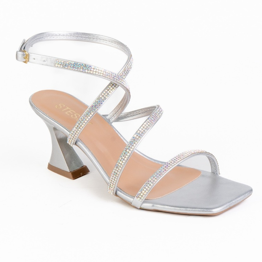 Sandália Feminina Salto Alto Taça Brilho Strass Tiras Fivela Moda Festa Leve Confortável Luxo Promo