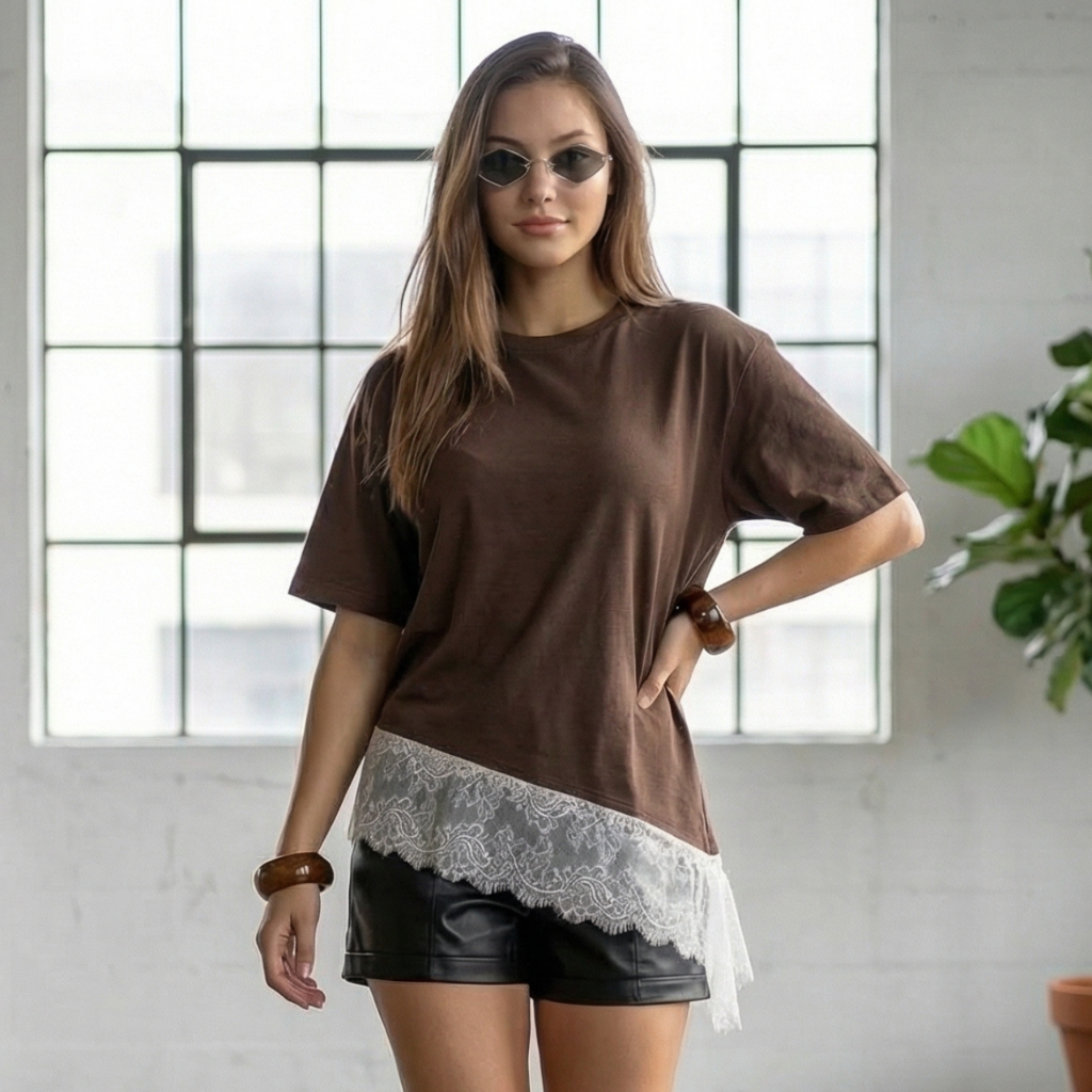 Max Blusão Tee detalhe assimétrica com renda na Barra blusa elegante