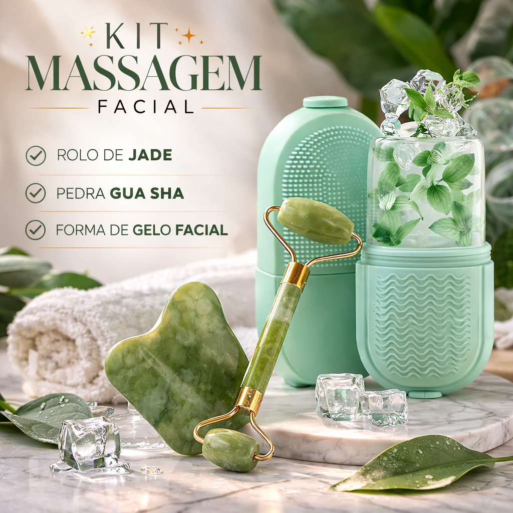 Kit Rolo Pedra De Jade Com Placa Guasha Facial Cor Verde + Forma de Gelo para Limpeza Facial
