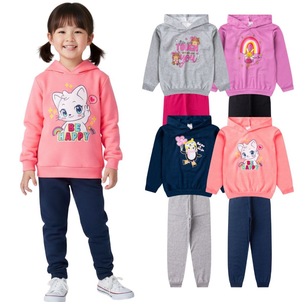 Kit 2 Conjunto Moletom Inverno 4 Peças Infantil Menina Feminino Quentinho Calça Capuz Barato Ziper