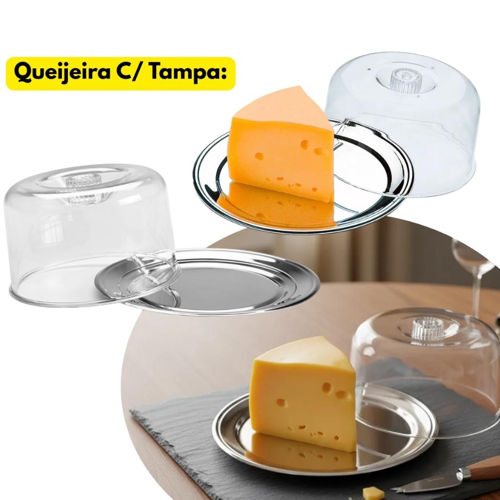 Queijeira inox C/ Tampa Redonda Transparente Mantegueira Queijo Padaria Lanche Servir Prato