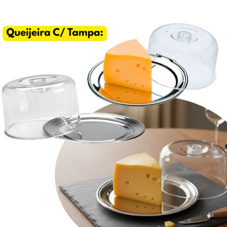 Queijeira inox C/ Tampa Redonda Transparente Mantegueira Queijo Padaria Lanche Servir Prato