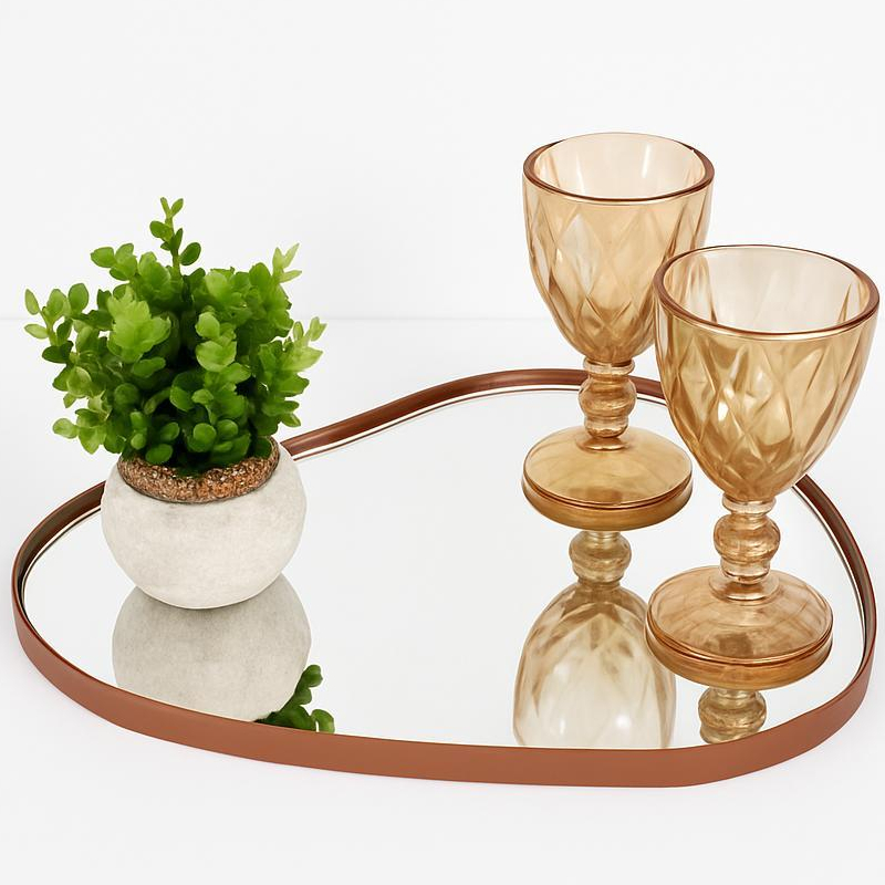 Bandeja Espelhada Orgânica Decorativa 30x40cm com Acabamento em Couro, Jóias, Maquiagem, Perfumes, Multiuso, Luxo