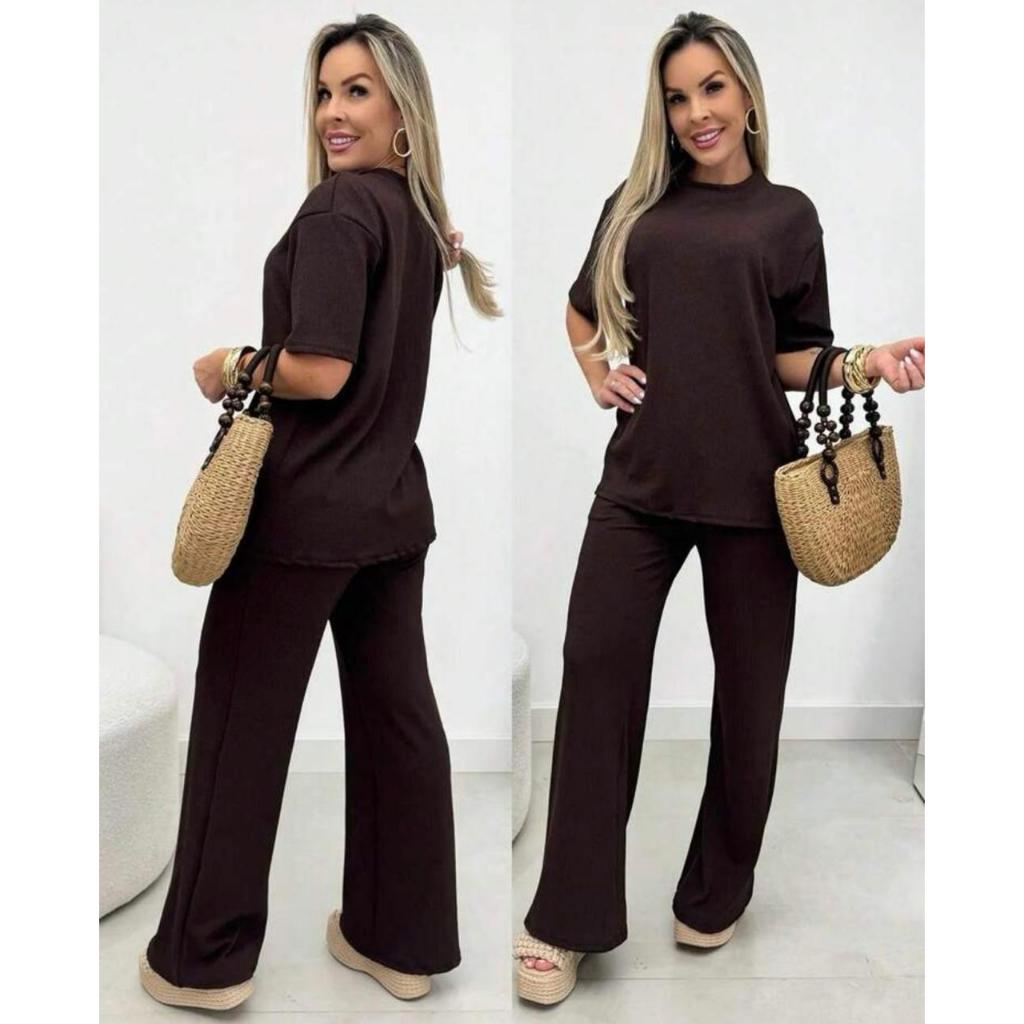 Conjunto Feminino Calça Pantalona e Blusa Oversized Confortável Soltinho