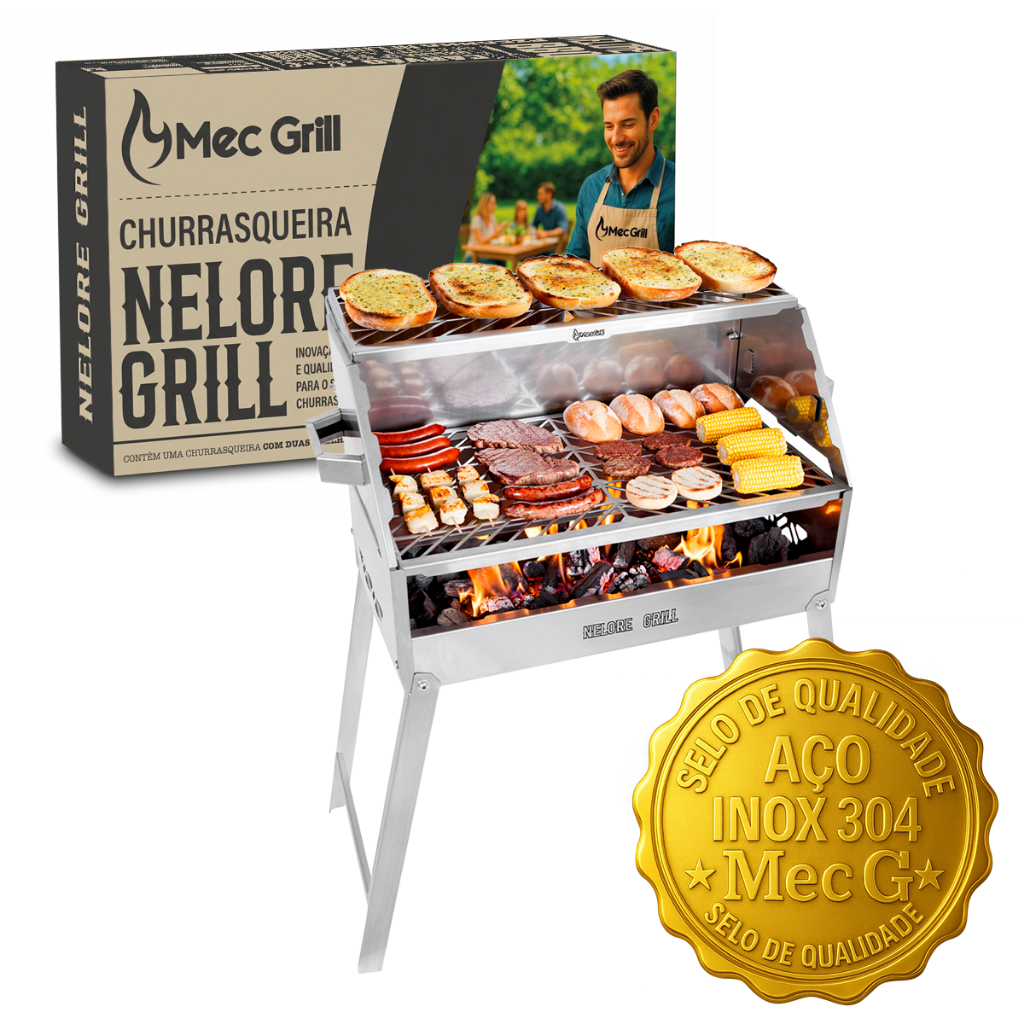 Churrasqueira Portátil a Carvão Duas Grelhas Desmontável Resistente Nelore 50X30 Mec Grill Inox 304