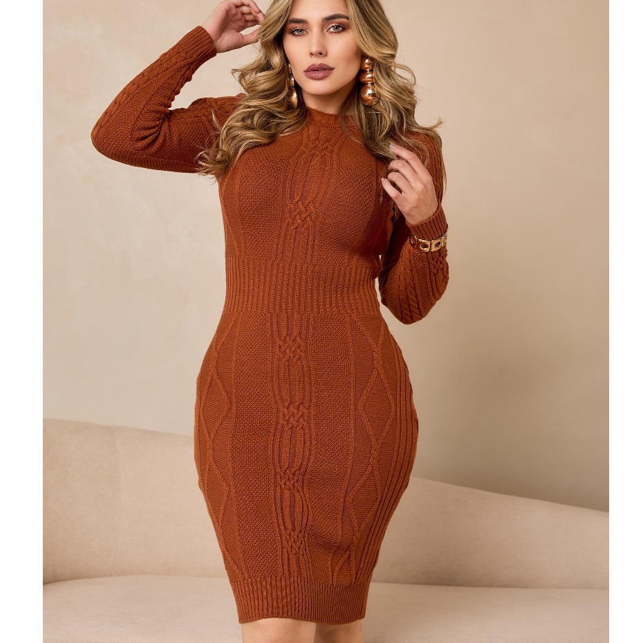 Vestido Feminino Tricot Modal Com Tranças Manga Longa Elegante Inverno Qualidade Premium