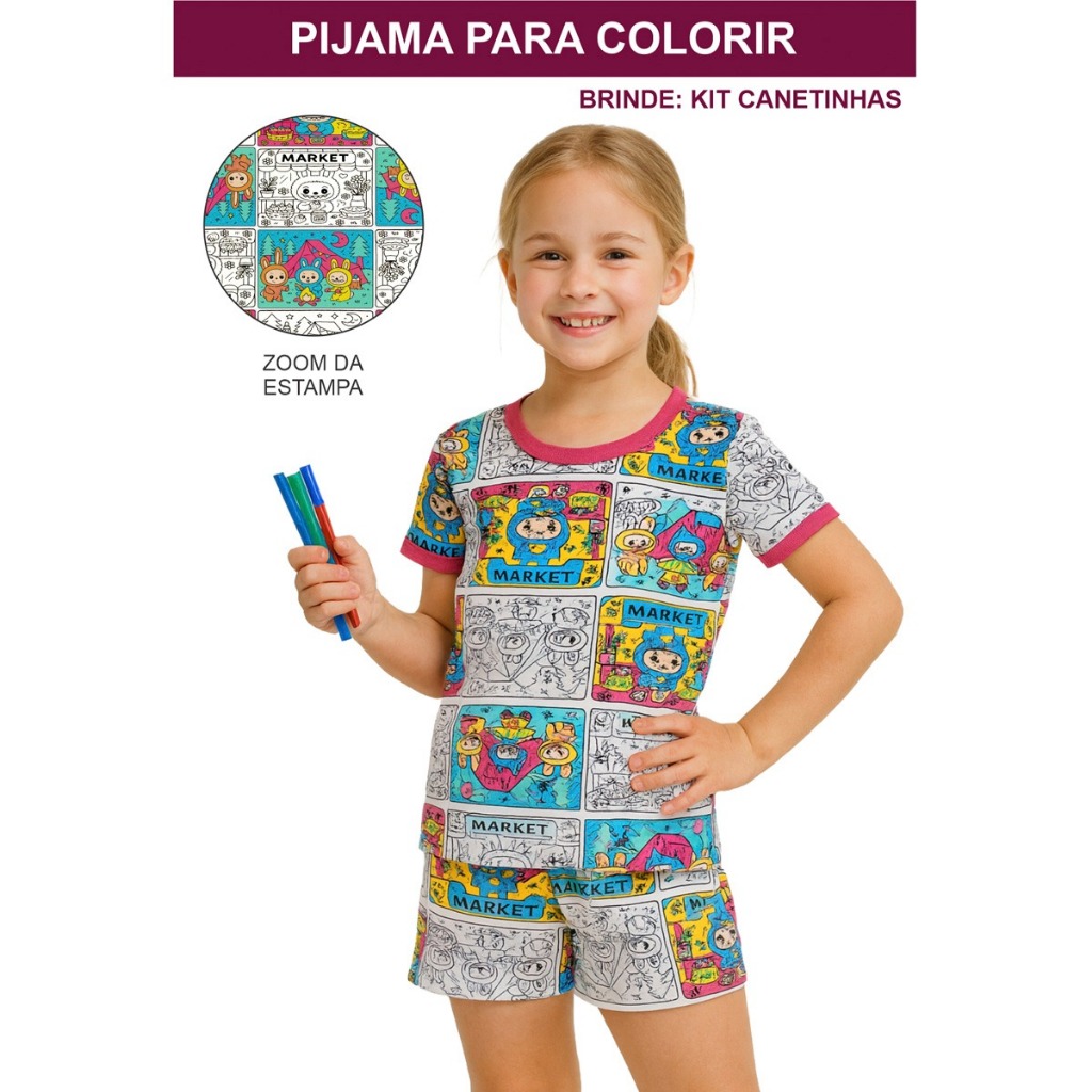 PIJAMA INFANTIL MANGA CURTA COM CANETINHA LAVÁVEL KIT PARA COLORIR DIVERTIDO ESTAMPADO PERSONAGENS