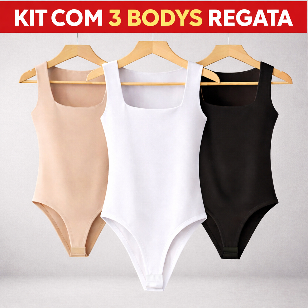 Kit 3 Body Feminino Decote Quadrado Alça Larga Regata Suplex Liso Casual Forro Duplo Moda Basica