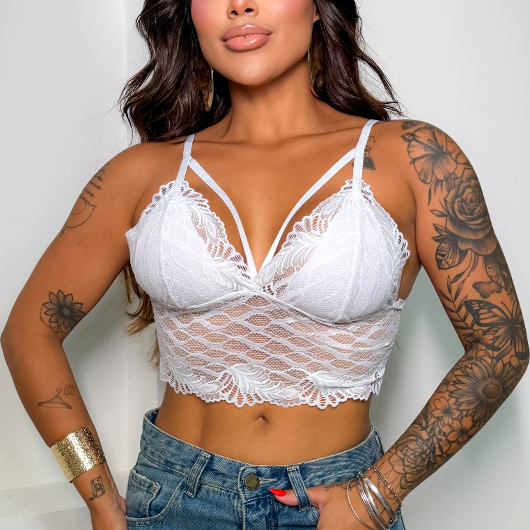 Top Cropped de Renda Strappy Feminino Decotado Sutiã Adulto Tiras Sem Bojo Balada