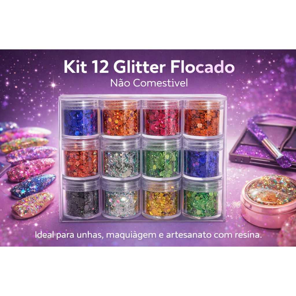 Kit 12 Glitter Flocado para Unhas, Maquiagem e Artesanato – Não Comestível | Nail Art e Resina FJ7088