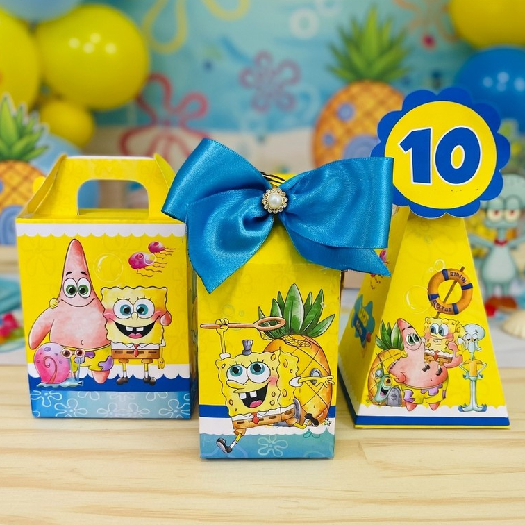 Kit Caixinhas Personalizadas Bob Esponja - Lembrancinhas Festa Infantil (Milk + Presente + Pirâmide) Pegue e Monte