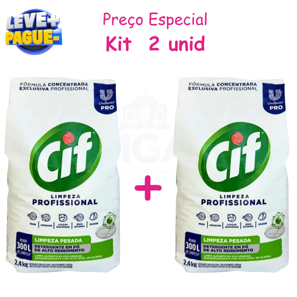 Kit 2 Limpador Detergente em Pó Cif Profissional 2,4kg Limpeza Pesada Roupas Pisos e Superfícies