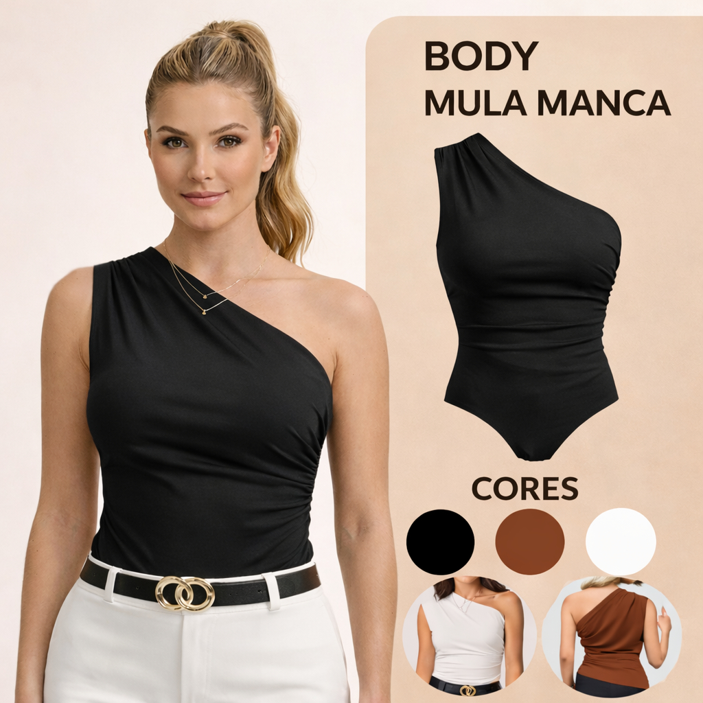 Body Feminino Suplex Um Ombro Só Mula Manca Plissado Com Forro Tendência Moda Premium