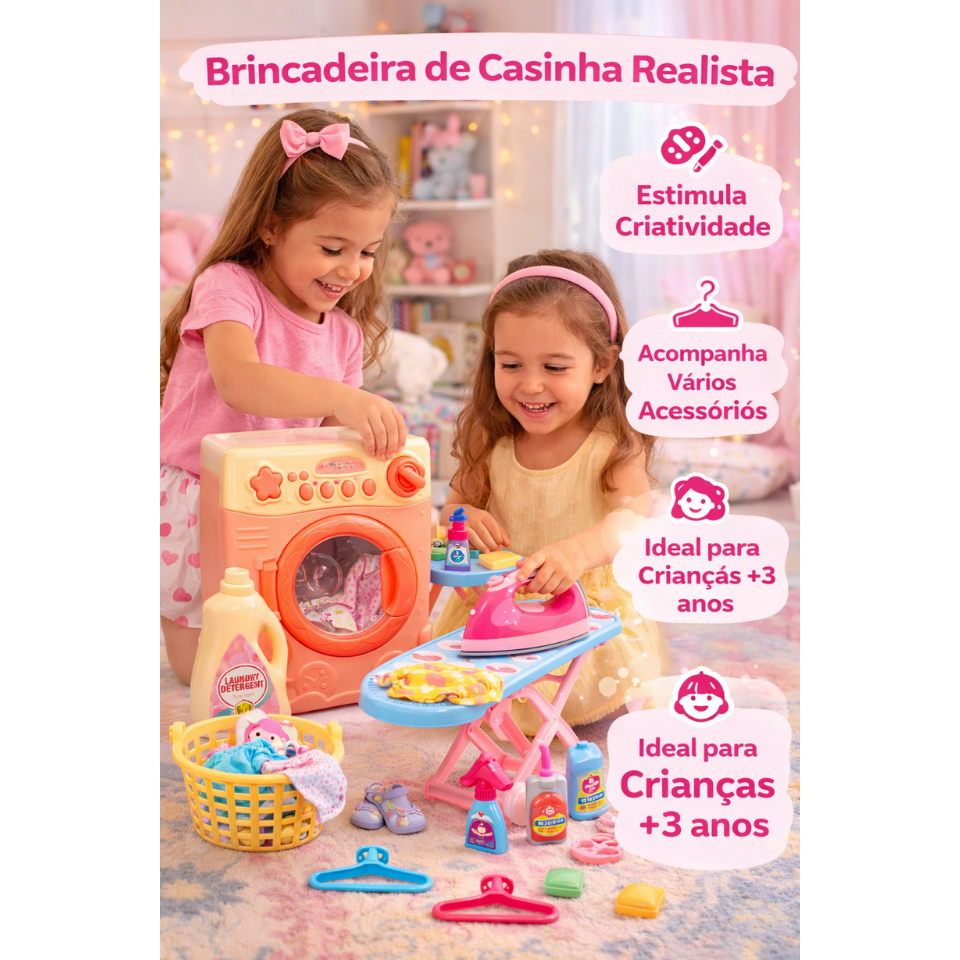 Kit Lavanderia Infantil com Máquina de Lavar, Ferro e Tábua de Passar com Acessórios Brinquedo Educativo +3 Anos