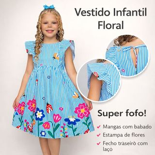Vestido Infantil Menina Princesa  Listrado Floral Barrado para Festas  Dia Das Crianças