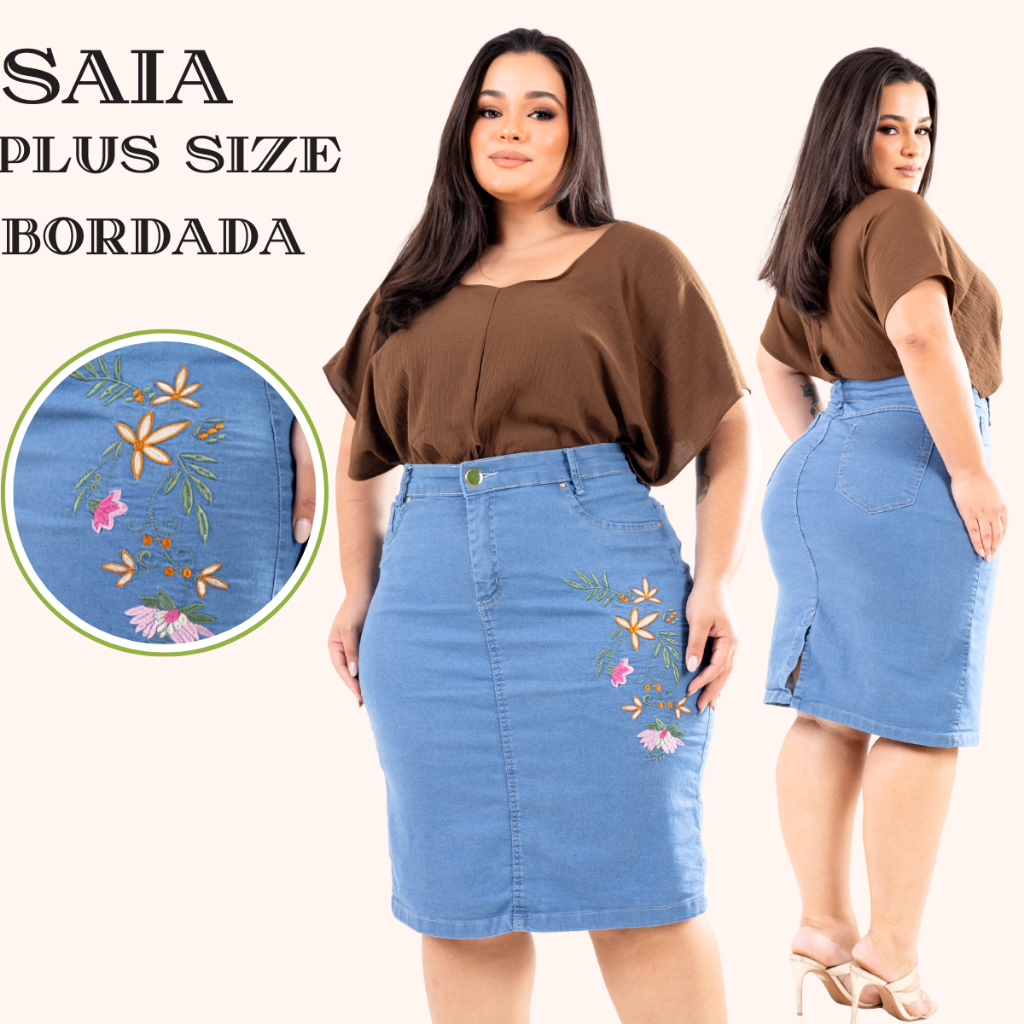 Saia Plus Size Evangelica do 46 ao 54 Jeans Com Laycra e Bordado Com Flores Em Tons Em Rosa E Verde Na Cor Cristal